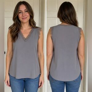 Sleeveless Lace-Trim V-Neck Top in Light Gray